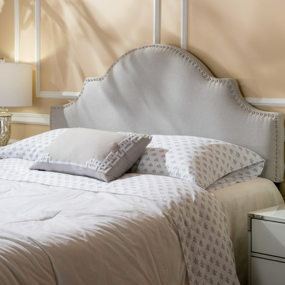 Graceful Arched Headboard For Queen & Full Sized Beds - Nailhead Trim, Adjustable Feet, Soft , Distinctive Silhouette Elegant Style With , Legs, Fabric Covering, Grey