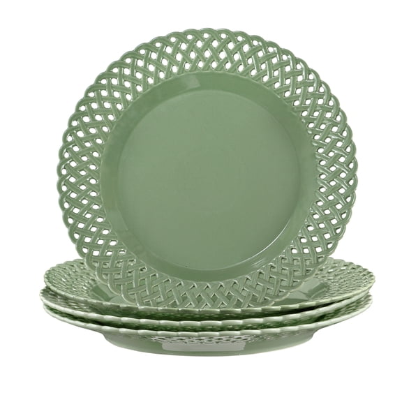 Graceful Basketweave Wide Rim 12 inch Dinner Plates, Extra Large Round Platter Scallop Serving Tray Set of 4, for Restaurant, Kitchen, Party, Home, Wedding, Gift, Microwave Dishwasher Safe, Sage Gree