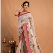 Graceful Beige Handwoven Saree with Floral Motifs and Rich Red Border   Festive Elegance with Timeless Traditional Charm