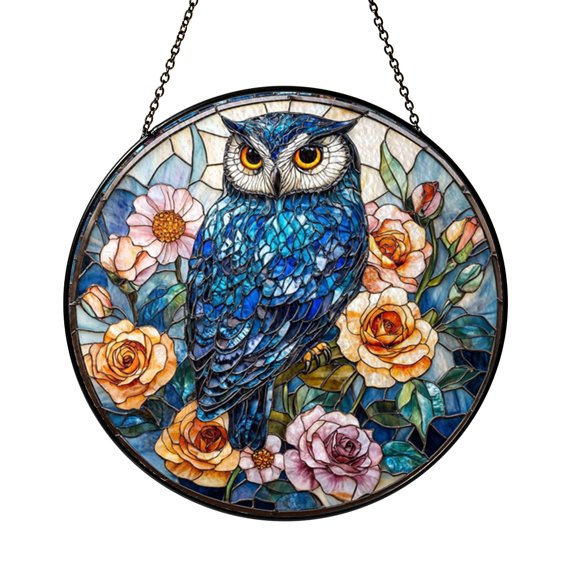 Graceful Cobalt Mystic Owl and Blooming Roses Nature Suncatcher Art