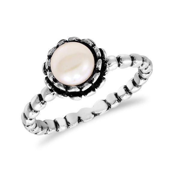 Graceful Cultured Pearl Rose Blossom on Sterling Silver Textured Band Ring for Female Anniversary Size-7