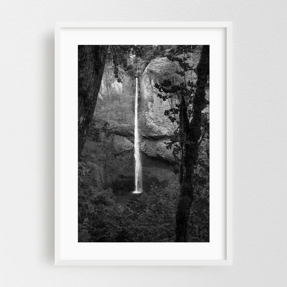 Graceful Descent - Oregon Photography Waterfall Black and White Nature Forest Landscape Scenic Wilderness White Framed Wall Art Print 16 x 24 inches
