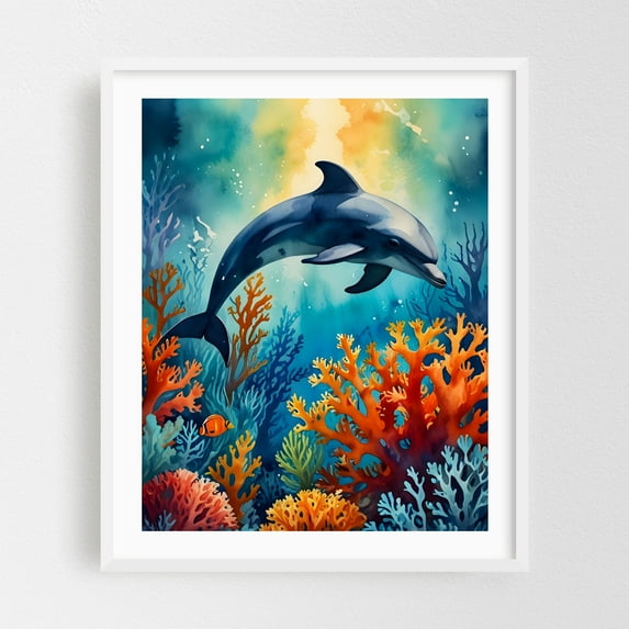 Graceful Dolphin in Coral Paradise - India Illustration Ocean Marine Life Tropical Seascape White Framed Wall Art Print 12 x 16 inches