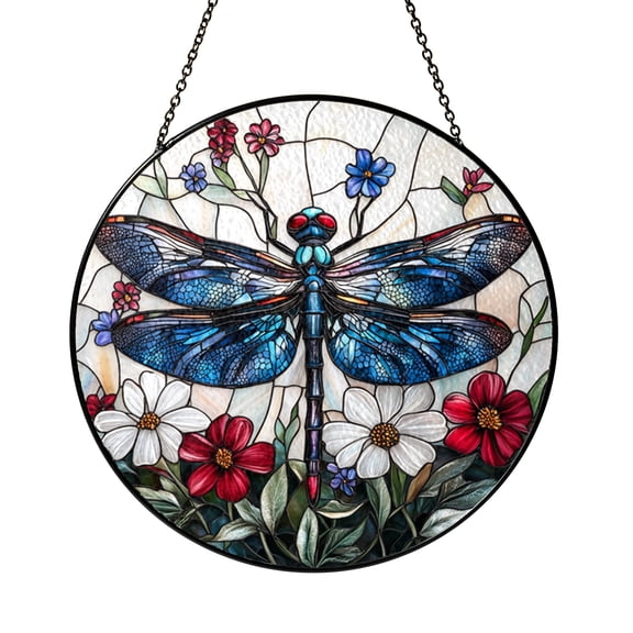 Graceful Dragonfly Botanical Scene Stained Glass Style Window Art, Peaceful Accent