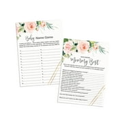 Graceful Floral Baby Shower Game Card Bundle 2 in 1 Pack 25 Each Includes Baby Name Game - Who Knows Mommy Best Activity - Girls Greenery Blush and Gold - Paper Clever Party