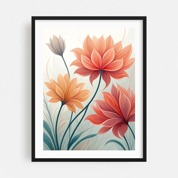 Graceful Floral Bloom - Illustration Floral Flowers Botanical Modern Art Watercolor Nature Black Framed Wall Art Print 9 x 12 inches