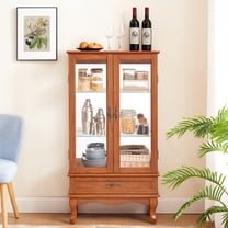 Graceful Glass Wine Cabinet With Adjustable Shelves - 2 Doors, 1 Drawer, Oak Tone Magnificent Display Shelves,