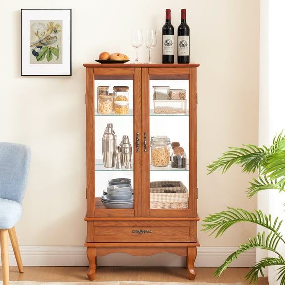 Graceful Glass Wine Cabinet With Adjustable Shelves - 2 Doors, 1 Drawer, Oak Tone Magnificent Display Shelves,