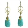 thumbnail image 1 of Graceful Green Turquoise Teardrop w/ Swirling Brass Dangle Earrings, 1 of 4