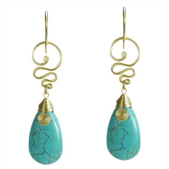 Graceful Green Turquoise Teardrop w/ Swirling Brass Dangle Earrings
