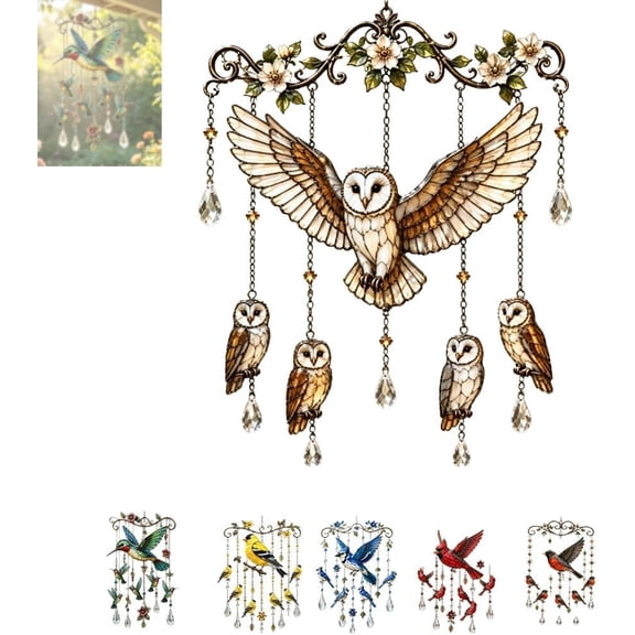 Graceful Hummingbird Wind Chime, Crystal Pendant Hanging Mobile Decoration for Garden Patio, Reflective Colorful Glass, Gifts for Grandma Mom Wife Sister, Aluminum Tubes(Owl)