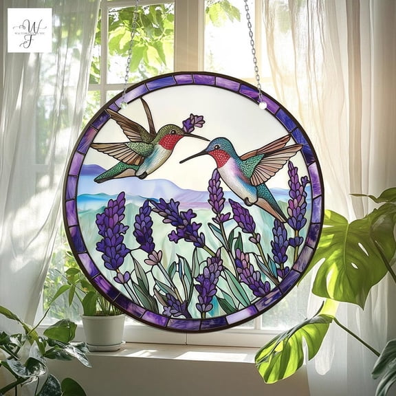 Graceful Hummingbirds Acrylic Window Hanging, Vibrant Lavender Garden Art, Elegant Home Decor ,nature lovers ornament, artistic hanging