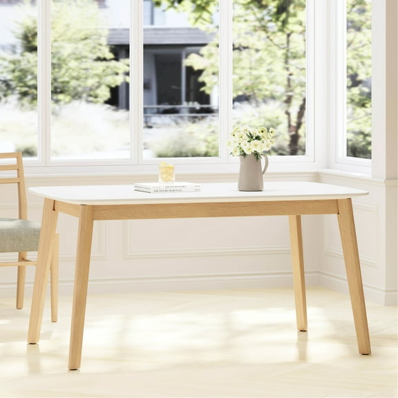 Graceful Mid-century Dining Table, Faux Wood Deck And Robust Rubberwood Legs, White Oak Tinge, 60.43" W X 34.95" D 29.58" H Attractive Surface Gleam,