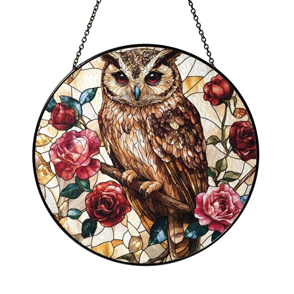 Graceful Opal Forest Owl and Blooming Roses Spring Suncatcher Decor