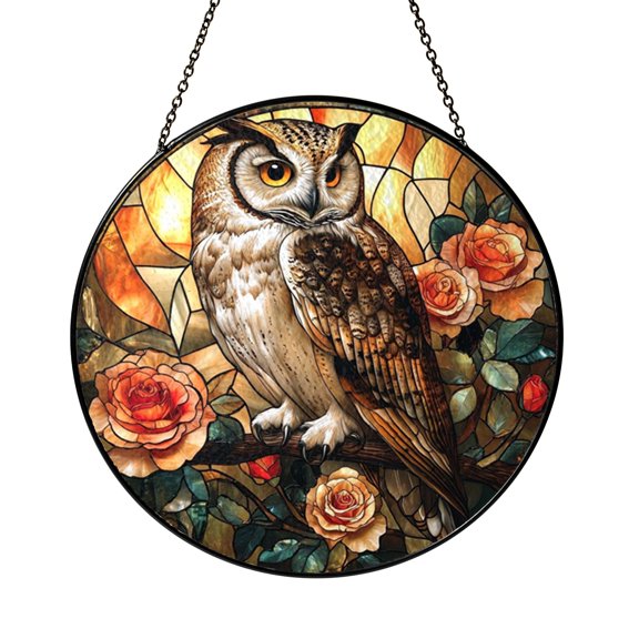 Graceful Opal Forest Owl and Blooming Roses Spring Suncatcher Glass