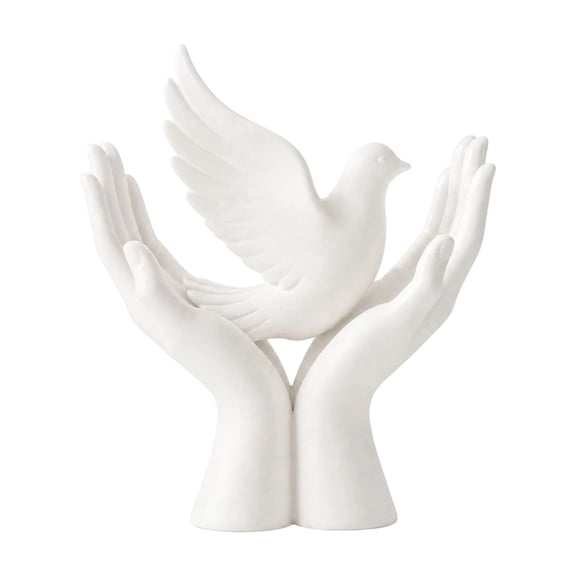 Graceful Peace Dove Figurine Resting on Open Palms, White Resin Tabletop Decoration, Minimalist Indoor Home Display Ornament