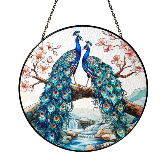 Graceful Peacock Duo Window Sun Catcher, Vibrant Stained Glass Style Bird Hanging Decor, Gift Idea for Home