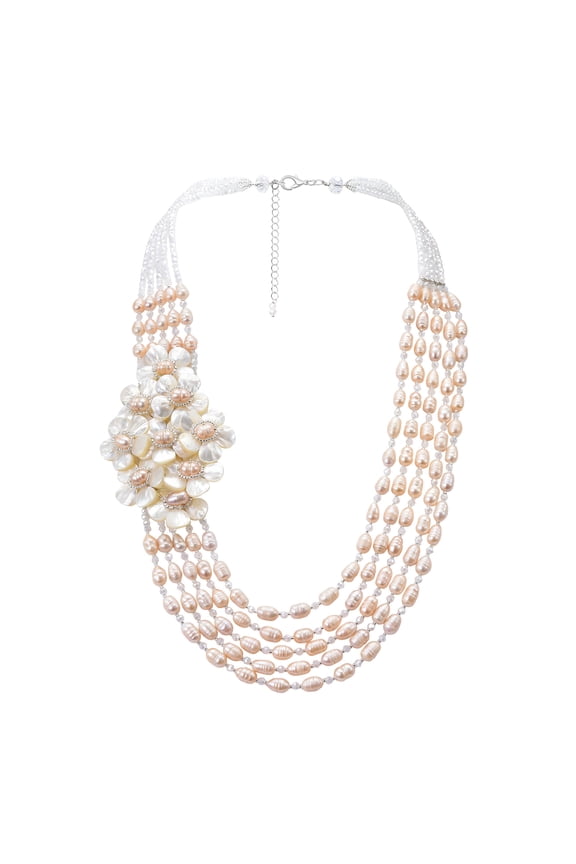 Graceful Pearl Shell and Crystal Bead Floral Cluster Statement Necklace