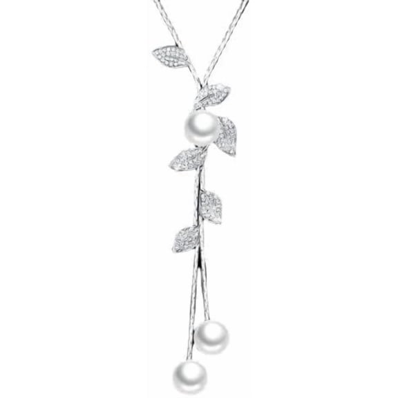 Graceful Pearl elegant sophisticated Drop Necklace with Crystal Leaves, Long Silver Chain, European Style Statement Jewelry[r567]