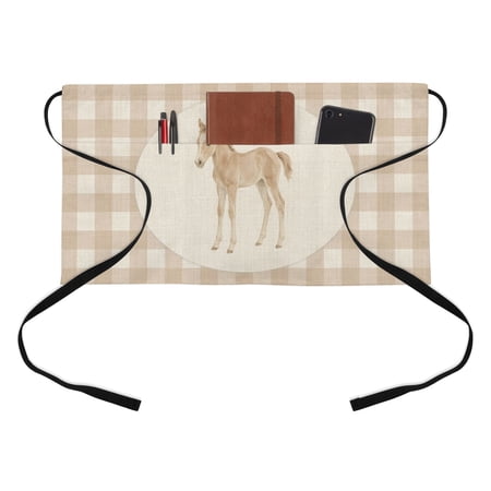 Graceful Pony Kitchen Restaurant Half Waist Apron, Retro Natural Horse Linen Plaid Server Short Apron with 3 Pockets Waterproof Oil Waist Aprons for Women Waitress Waiter