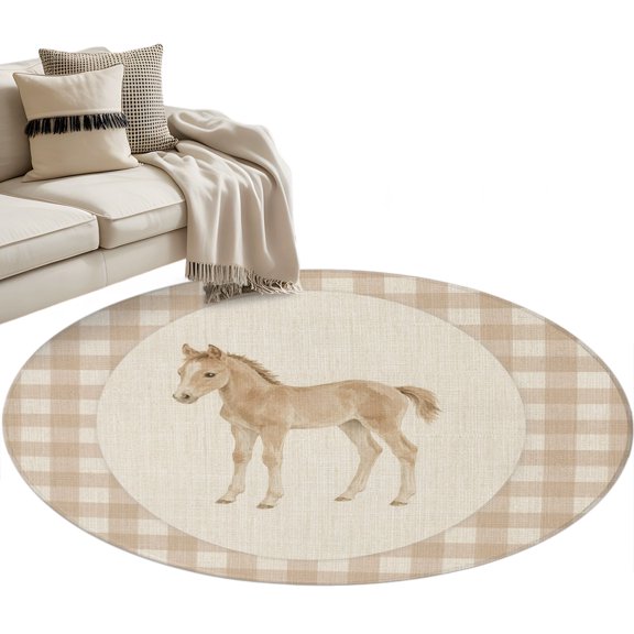 Graceful Pony Round Rug 3ft Washable Circle Entryway Rugs Non Slip Retro Natural Horse Farmhouse Plaid Rustic Area Rug Indoor Floor Carpet for Bedroom Kitchen Living Room Office Dining Room Nursery