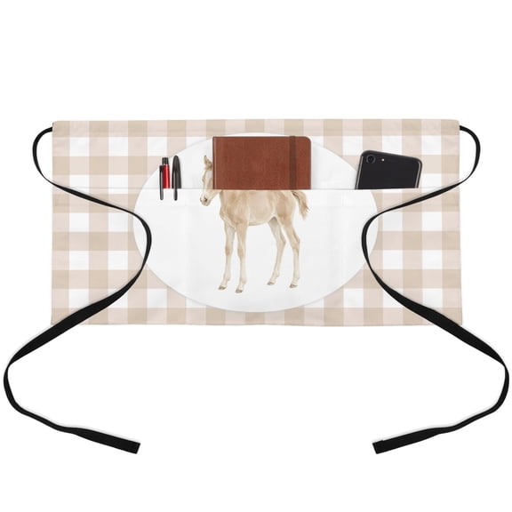 Graceful Pony Waitress Apron with 3 Pockets, Natural Horse Modern Farmhouse Plaid Rustic Server Aprons Waterproof Kitchen Restaurant Half Waist Apron for Men Women