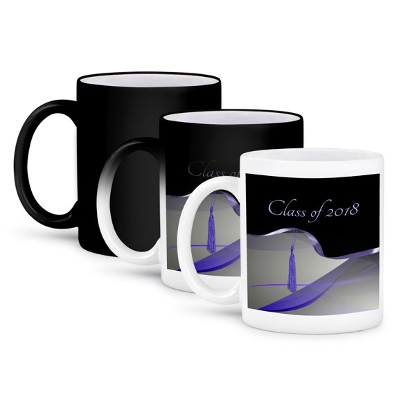 3dRose, Graceful Purple Abstract Design with Tassel on Ribbon, Class of 2018, 11oz Magic Transforming Mug