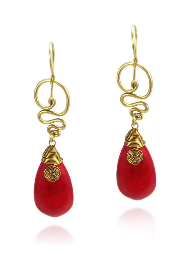 Graceful Red Synthetic Coral Teardrop w/ Swirling Brass Dangle Earrings