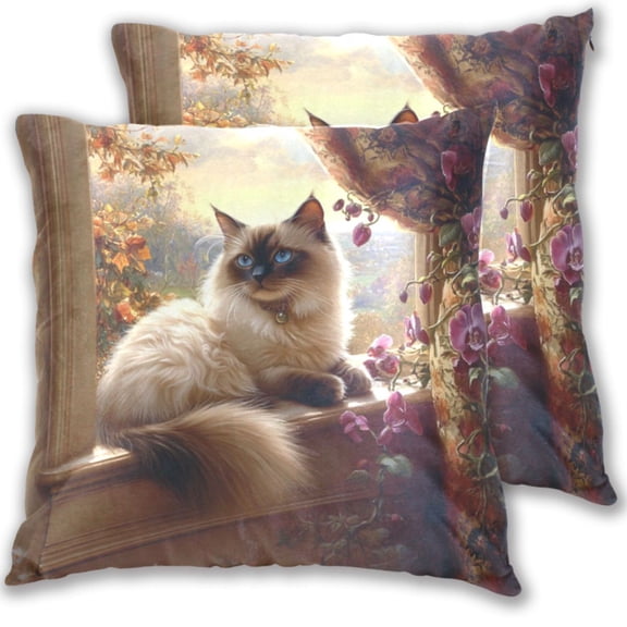 Graceful Siamese Cat Pattern 20x20in 2-Piece Cotton Fleece Throw Pillow Covers, Shrink Resistant, Hidden Zip