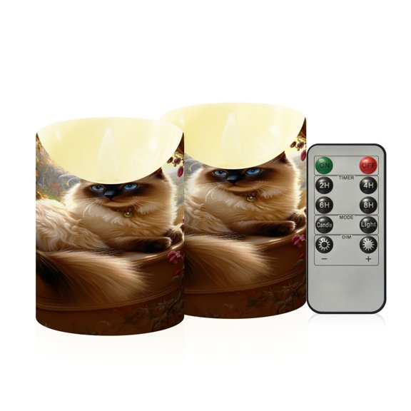 Graceful Siamese Cat Pattern Flameless Candles 2 PCS with Remote Realistic Moving Flame LED Tapered Pillar Set for Home Decor