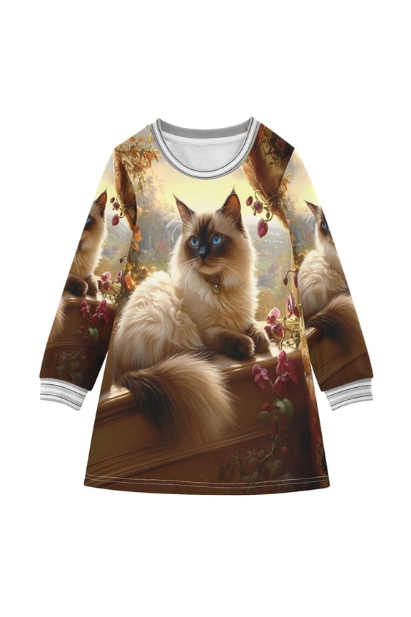 Graceful Siamese Cat Pattern Girls'long-sleeved dress Thickened A-dress Warm Dress Basic Shirt Party Dresses
