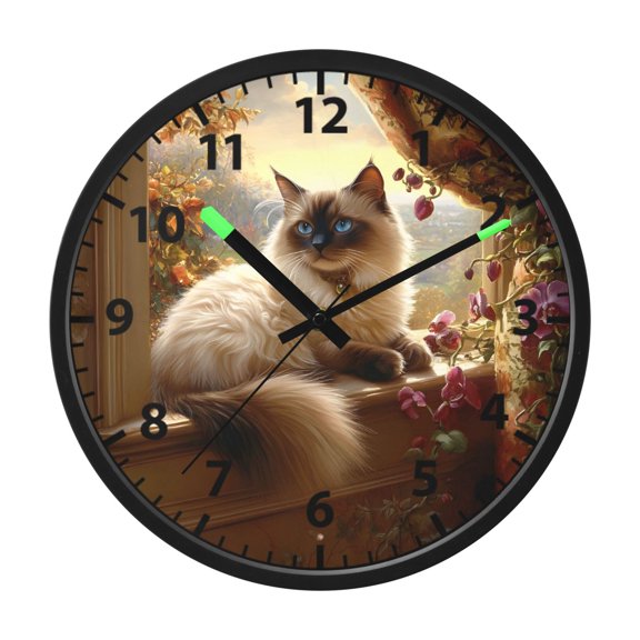 Graceful Siamese Cat Pattern Wall Clock 12 Inch Voice Activated Night Light Silent Non Ticking