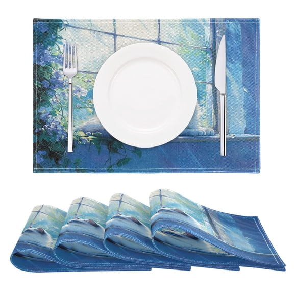 Graceful Siamese Cat Placemats Set of 6 Coffee Mats, Non Slip Backing 18x12 Inch for Home and Restaurants