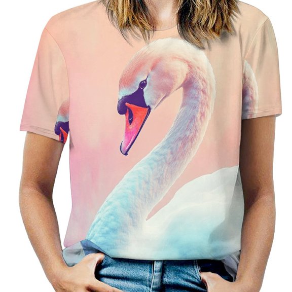 Graceful Swan Art Print Women's T-Shirt Short Sleeve T Shirts Tops Tee Ladies Loose T
