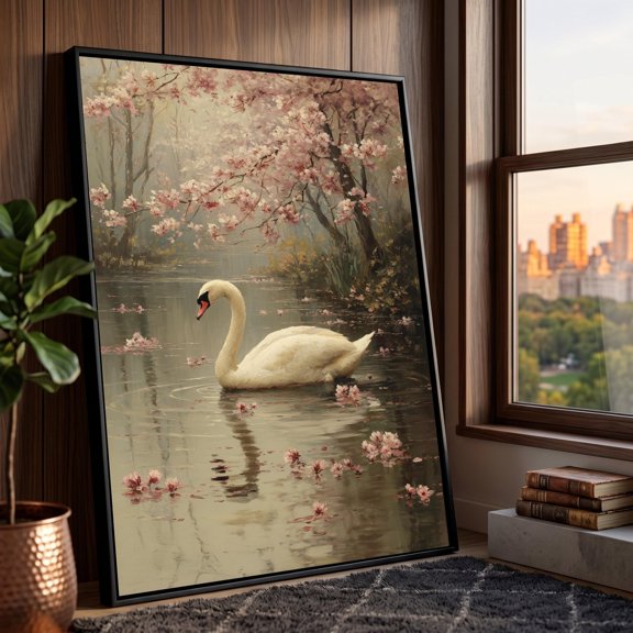 Graceful Swan On Tranquil Pond Art Cherry Blossom Tree Wall Art Spring Nature Scene Art Floral Water Reflection Decoration