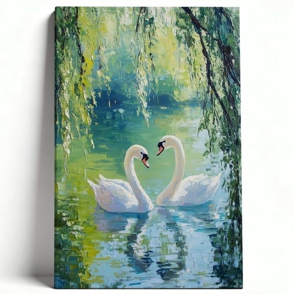 Graceful Swans on Serene Pond Impressionist Framed Canvas Wall Art - Romantic Weeping Willow Floral Landscape Prints - Elegant Living Room & Bedroom Decor Gift 8*12inch(20*30cm)