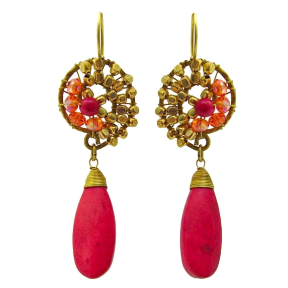 Graceful Teardrop Red Coral Brass Embellished Earrings