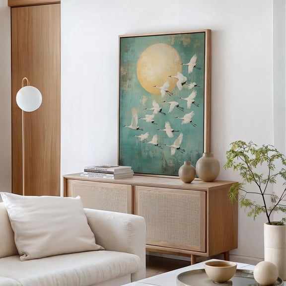 Graceful White Cranes In Flight Against Golden Sun: Serene Minimalist Art For Modern Nature-Inspired Wall Decor Wall Art, Modern Wall Decor, 8x12 UNFRAMED