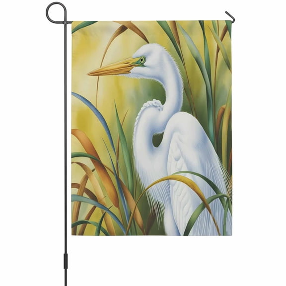 Graceful White Egret Garden Flag 12 x 18 Inches, Animals Nestled in Lush Green Reeds Weather Proof Outdoor Patio Flags Double Sided Small Garden Decoration for Yard Outside Home