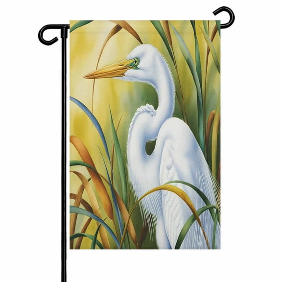 Graceful White Egret Garden Flag 28x40 Inch Animals Nestled in Lush Green Reeds Double Sided Small Decorative Garden Flags for Outside, Outdoor Yard Porch Lawn Decoration