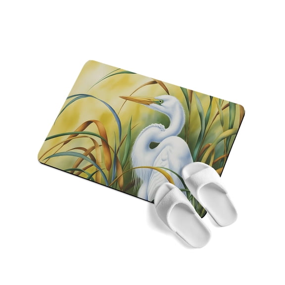 Graceful White Egret Soft Diatomaceous Earth Mat, Animals Nestled in Lush Green Reeds Absorbent Bath Mat Non Slip Rubber Backed Quick Dry Doormat Fit Under Door for Bathroom Kitchen 16"x24"