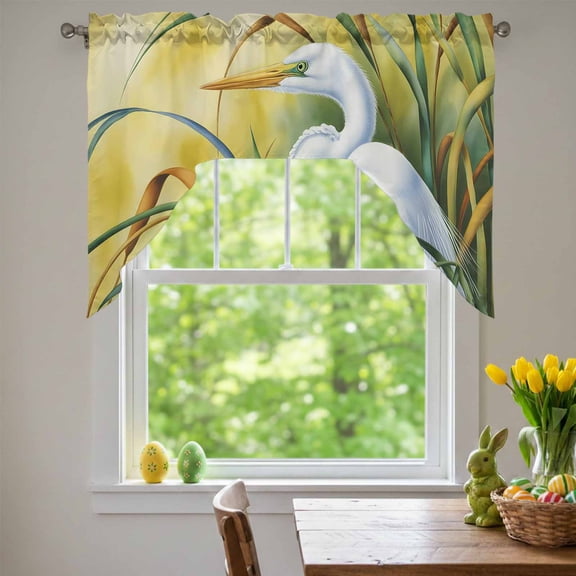 Graceful White Egret Swag Valances for Kitchen Window, Animals Nestled in Lush Green Reeds Small Swag Valances Rod Pocket Curtain Drapes Window Treatment for Bedroom Bathroom, 56x36 Inch