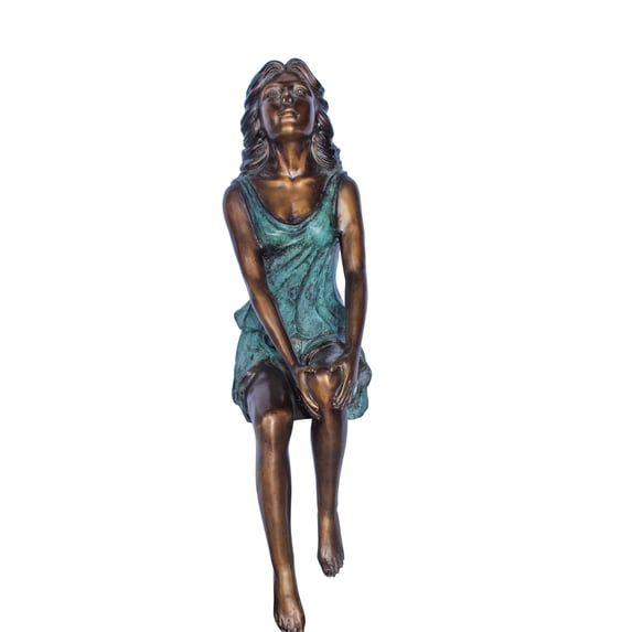 Nifao Graceful Young Woman Sitting on the Ledge Bronze Statue – Home Office Decor Sculpture, 13"L x 7"W x 23"H
