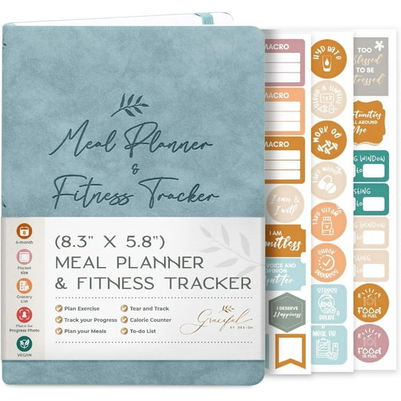 Graceful by Design Meal Planner Notebook & Workout Journal for Women, Blue