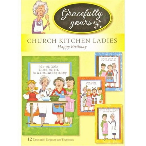 Gracefully Yours Church Kitchen Ladies Cookin' It Up Birthday Greeting Cards illustrated by Tina Ledbetter, 12, 4 designs/3 each with Scripture Message