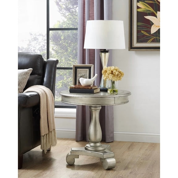 The Rene Round Wood Pedestal Side Table in Champagne, 26-inch for Timeless Elegance