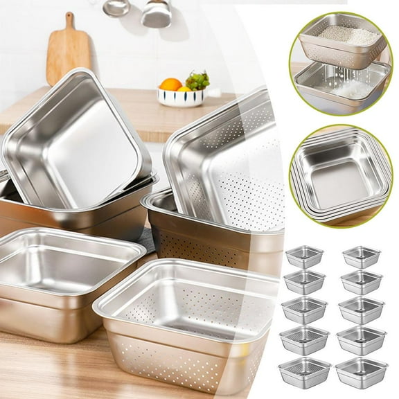 Gracefulvara Thickened Stainless Steel Drain Basin Flat Bottom Sieve Rice Drain Ba Fast