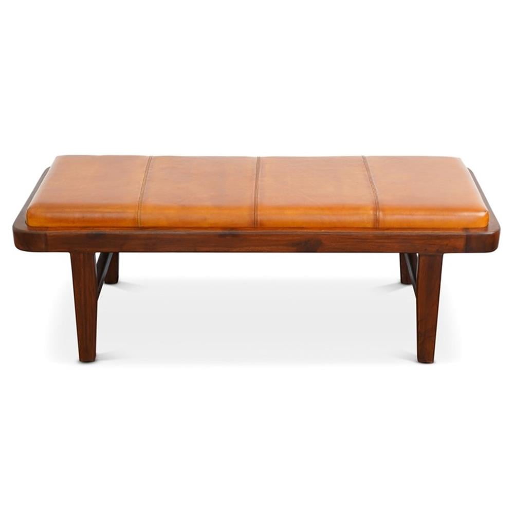 Tan Genuine Leather Teak Wood Mid-Century Modern Bench