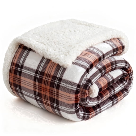 Gracelife Reversible Flannel Sherpa Throw Blanket, Twin Size, Rust and Caramel Plaid, 60" x 80"