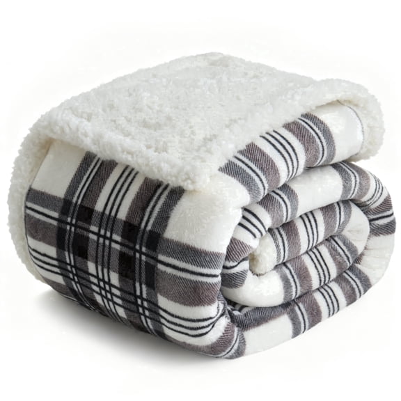 Gracelife Plaid Throw Blanket, Soft Black and White Flannel Velour Blanket with Warm White Piping, Cozy Winter Thick Sofa Decor, 60"x80"